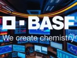 BASF Logo vor Chemiewerk in Ludwigshafen mit Aktienchart 2026