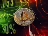Bitcoin-Kurs-Chart mit fallendem Trend nach dem Scheitern der Friedensverhandlungen USA-Iran, rote Kerzen und geopolitische Symbole