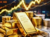 Glänzende Goldbarren und Goldmünzen mit einem modernen Kurschart im Hintergrund, der den steigenden Goldpreis 2026 symbolisiert