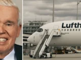 Lufthansa-Flugzeug am Flughafen mit Streik-Schildern, rote Kursgrafik zeigt fallende Lufthansa-Aktie im April 2026.