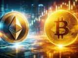Bitcoin Kurs-Chart mit Widerstand bei 75.000 Dollar und Unterstützung bei 68.000 Dollar, rote und grüne Kerzen zeigen aktuelle Schwankungen im April 2026.