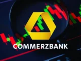 Commerzbank-Logo vor Frankfurter Skyline mit steigender Aktienkurve und UniCredit-Symbol im Hintergrund, symbolisch für Übernahmekampf und starke Geschäftszahlen.