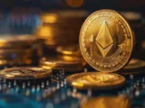 Ethereum-Kurschart mit digitalem Blockchain- und Finanzmarkt-Hintergrund