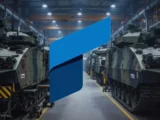Rheinmetall-Logo vor Militärfahrzeugen und Artilleriemunition mit Hintergrund der europäischen Verteidigungsindustrie.