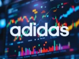 Adidas Logo vor einem digitalen Börsenchart mit steigenden Aktienkursen und Marktanalysen