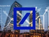 Deutsche Bank Aktie Chart mit Kursverlauf und Bankgebäude im Hintergrund, Juni 2026