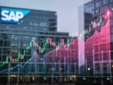 SAP Unternehmenszentrale mit digitaler KI-Grafik und Darstellung der SAP-Aktienentwicklung im Jahr 2026.