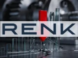 RENK Group AG Produktionsanlage mit militärischen Antriebssystemen und Börsenchart zur Entwicklung der RENK-Aktie.