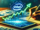 Intel-Chip mit steigendem Börsenchart als Symbol für den KI-Boom.