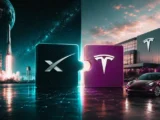 Elon Musk vor SpaceX- und Tesla-Logos während eines starken Kursrückgangs nach dem SpaceX-Börsengang 2026.