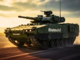 Rheinmetall-Militärfahrzeuge in einer Produktionshalle.