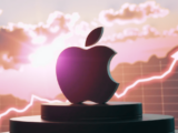 Apple Logo vor einem Börsenchart mit steigender Kursentwicklung als Symbol für die langfristige Performance der Apple Aktie.