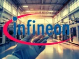 Infineon-Aktie mit Halbleiter-Chip und Börsenchart.